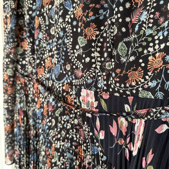 Mikael Aghal Pleated Floral-Print Crinkled Georgette Gown Midnight Blue Size 10 - Picture 6 of 7